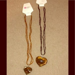 Hand-Blown Amber Colored Glass Heart Pendants